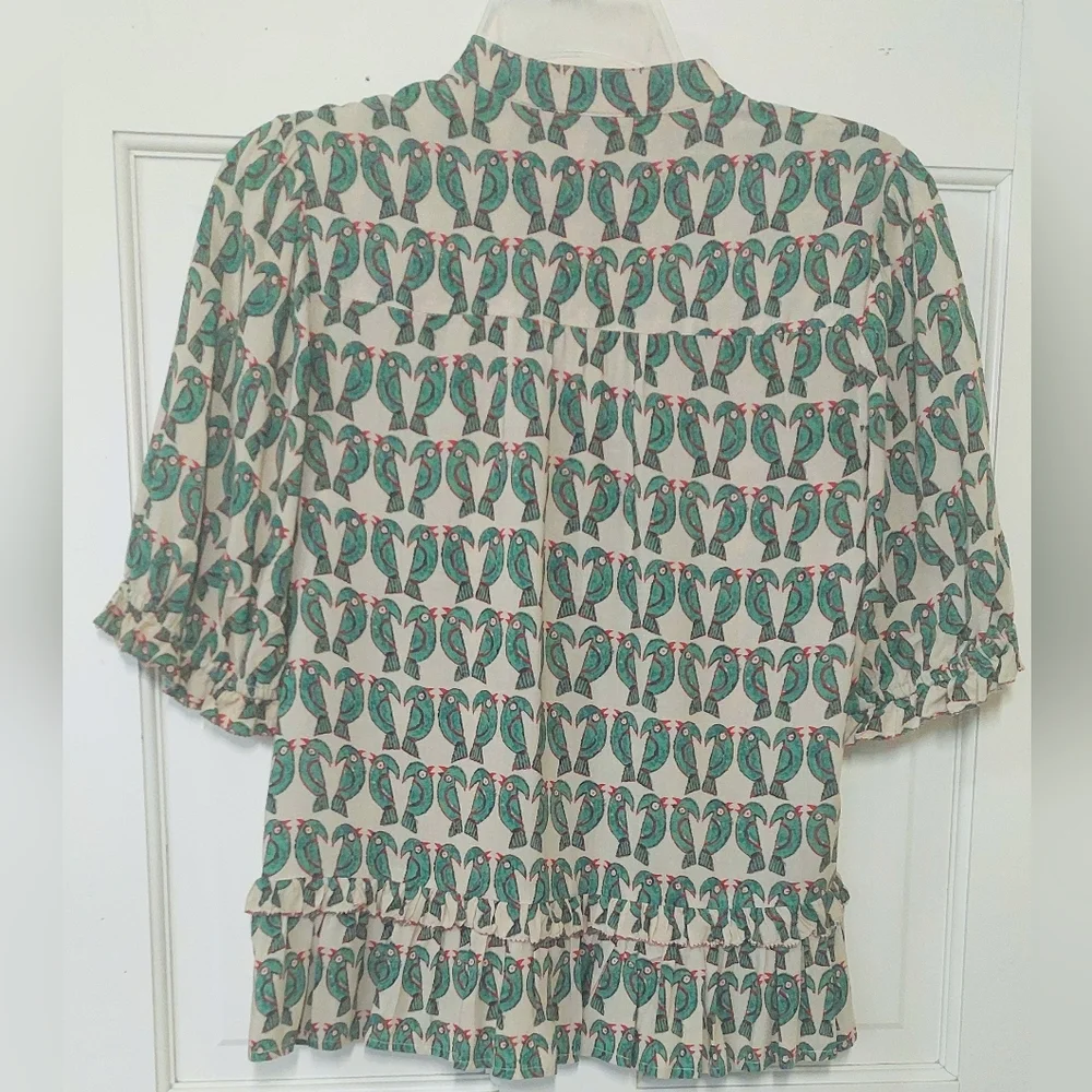 NWOT Anthropologie Maeve Parrot Ruffled Pleated Puff Sleeve Peplum Top, Size S - Picture 6 of 11